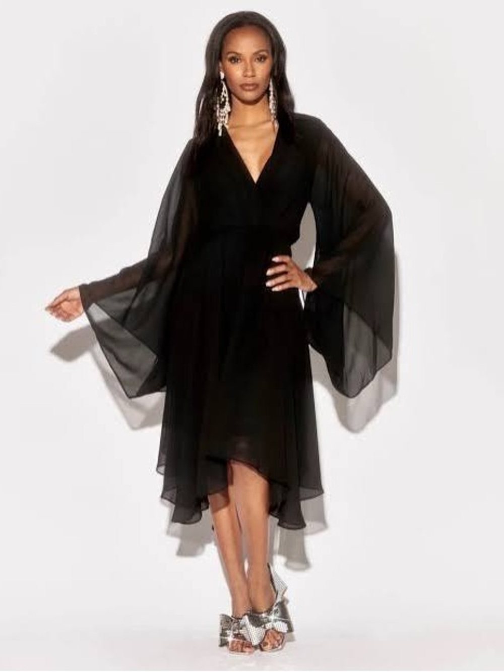 Meghan LA Black Sunset Bell Cape Sleeve Chiffon Maxi Asymmetrical Dress Flowing